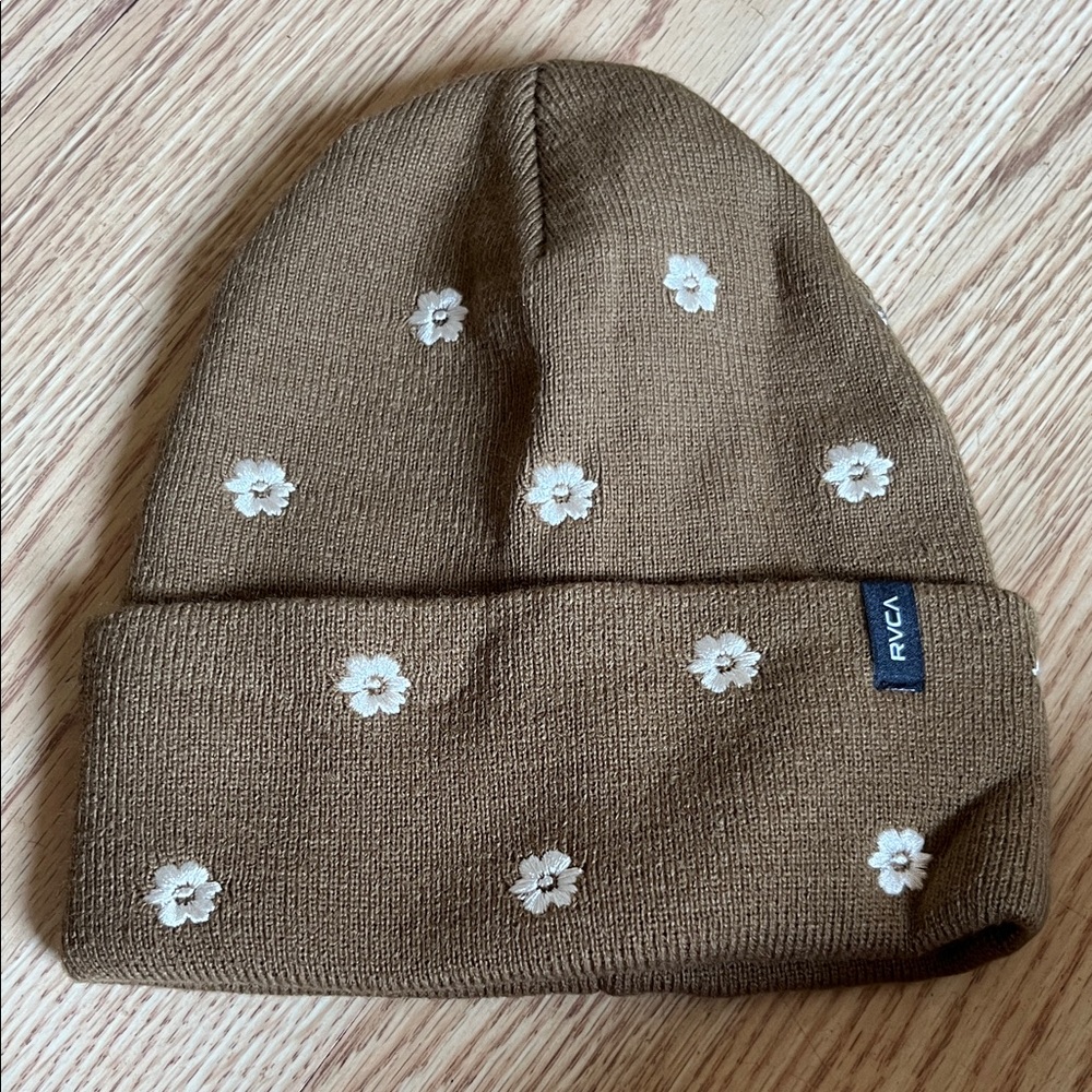 RVCA Tan Kids Beanie with White Floral Design
